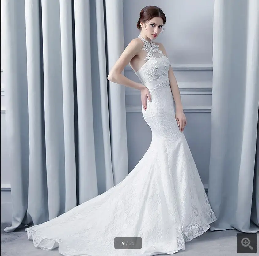 2017 Новый дизайн Русалка белое кружево Холтер декольте свадебное платье