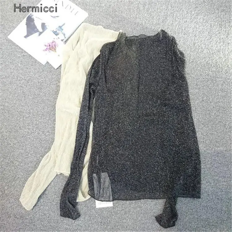 Женская Сетчатая футболка с длинными рукавами летняя прозрачная блестящая