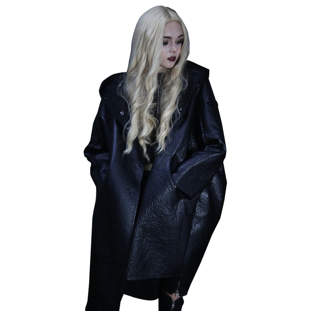 New Arrival Punk Women's Coats Black PU Long Hooded Coat Visual Rock Punk Irregular Coats Individual Dark Punk Loose Coats