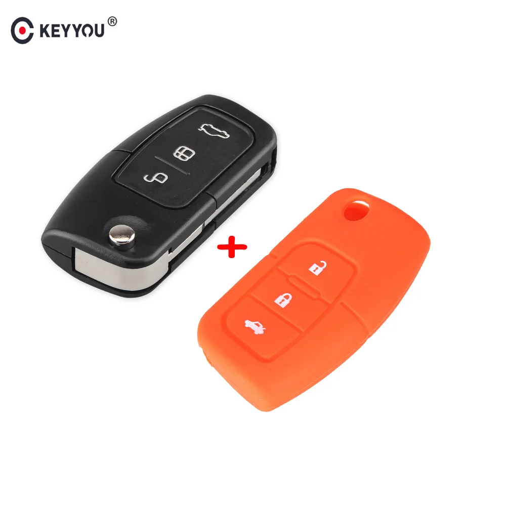 orange Чехол для ключей KEYYOU, складной чехол для ключей, брелок для Ford Fiesta Focus 2 Ecosport Escape 3 кнопки с силиконовым чехлом для ключей, красный - Название цвета: orange