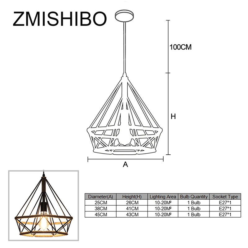 ZMISHIBO железные подвесные светильники Алмазная форма пеньковая веревка абажур E27