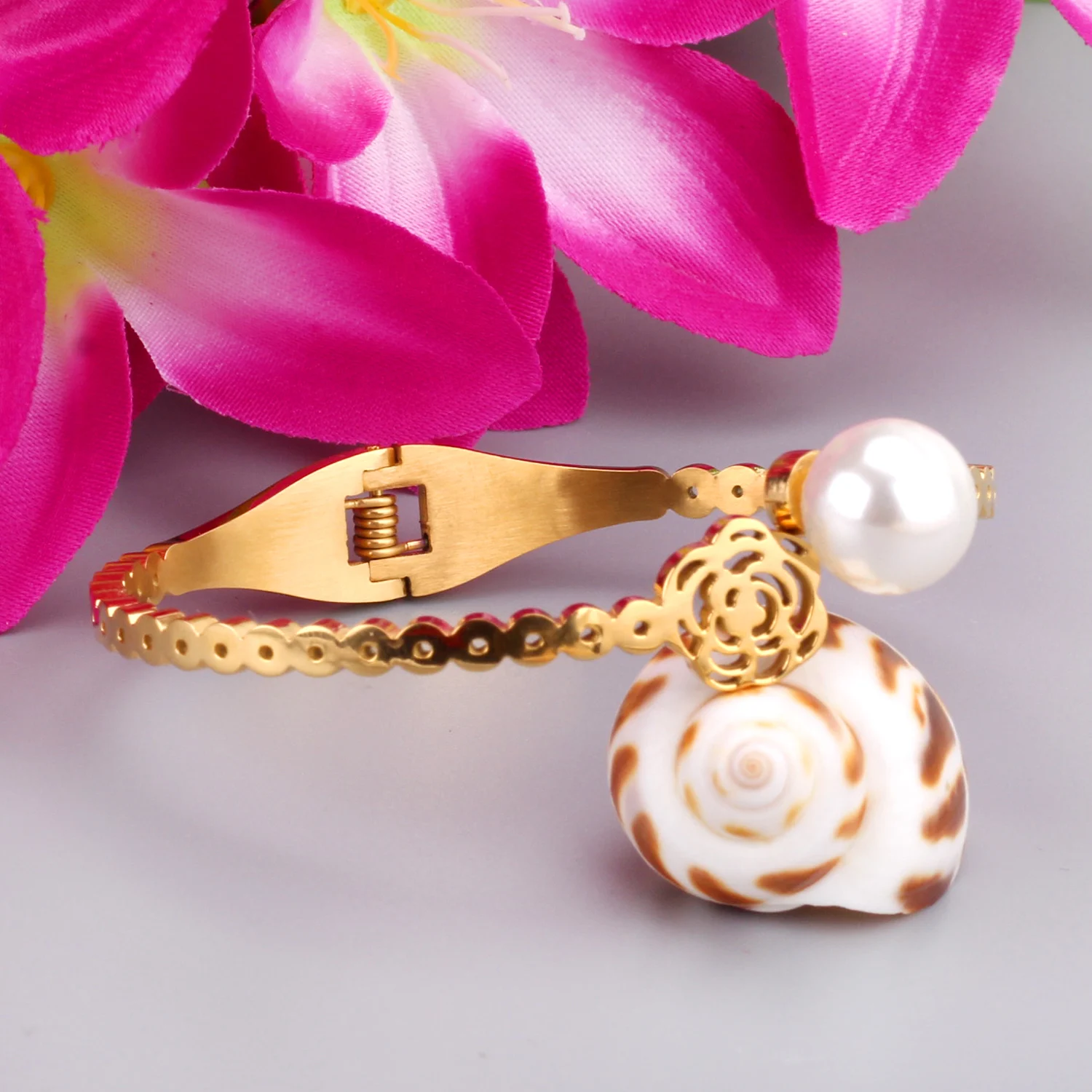 Браслет манжета из нержавеющей стали с искусственным жемчугом|bracelets & bangles|bracelets