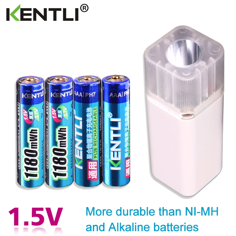

KENTLI 4pcs 1.5v 1180mWh AAA rechargeable polymer lithium battery + 4 slots aa aaa lithium battery charger with flashlight