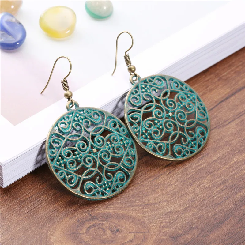 2019 Boho винтажные полые резные бронзовые серьги из сплава круглые антикварные