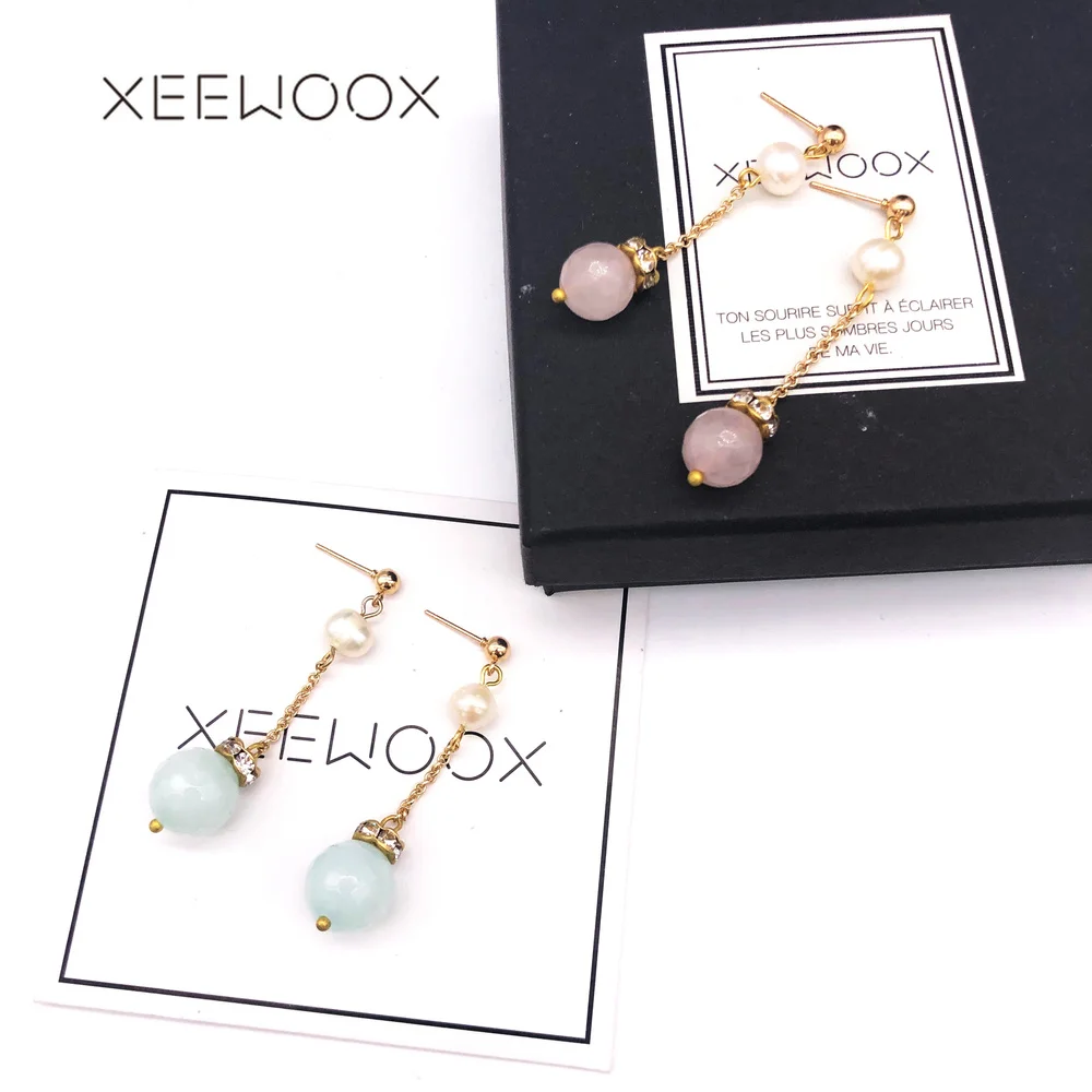 XEEWOOX 2019 Women Natural Stone Beads Drop Earrings Delicate Gold Link Chain Long Dangle Jewelry for Party Gift | Украшения и