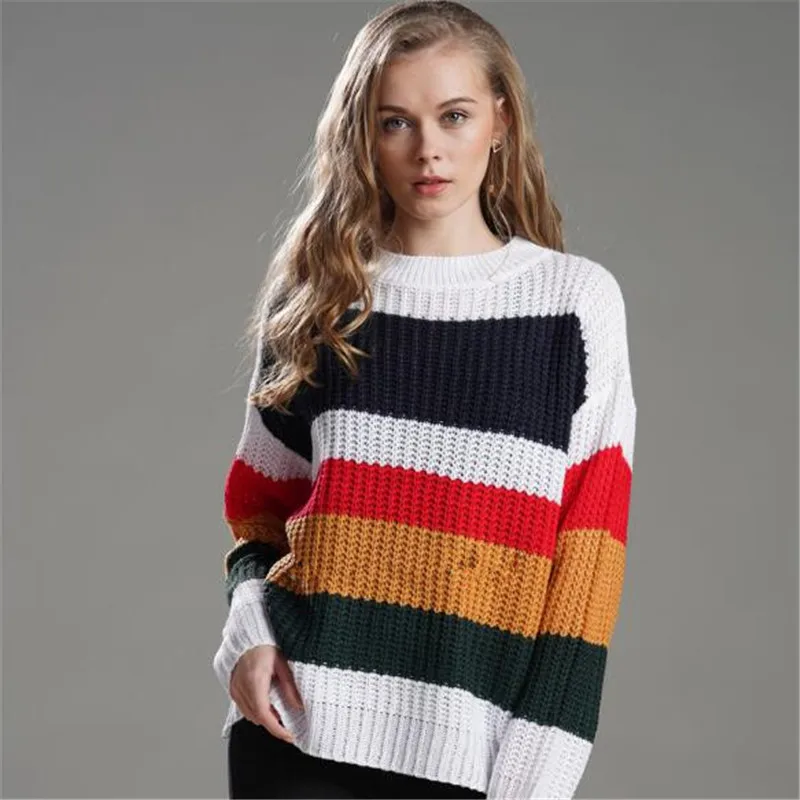 WKOUD 2019 Winter Women Clothes Fashion Striped Printed Sweaters Sexy Long Sleeve OL Knitted Pullovers New Streetwear Y8055 | Женская