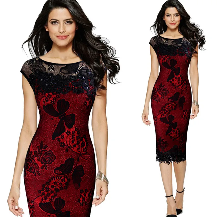 Red Joineles 5XL размера плюс, женское платье-карандаш, летняя мода, изысканное, с блестками, вязанное крючком, с бабочкой, Кружевное облегающее платье, вечерние платья - Цвет: Red