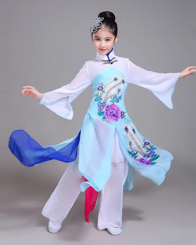 Костюм китайского наряда для детей классических танцев, нового стиля, для девочек на вентиляторах, выступления, одежда хмонг.