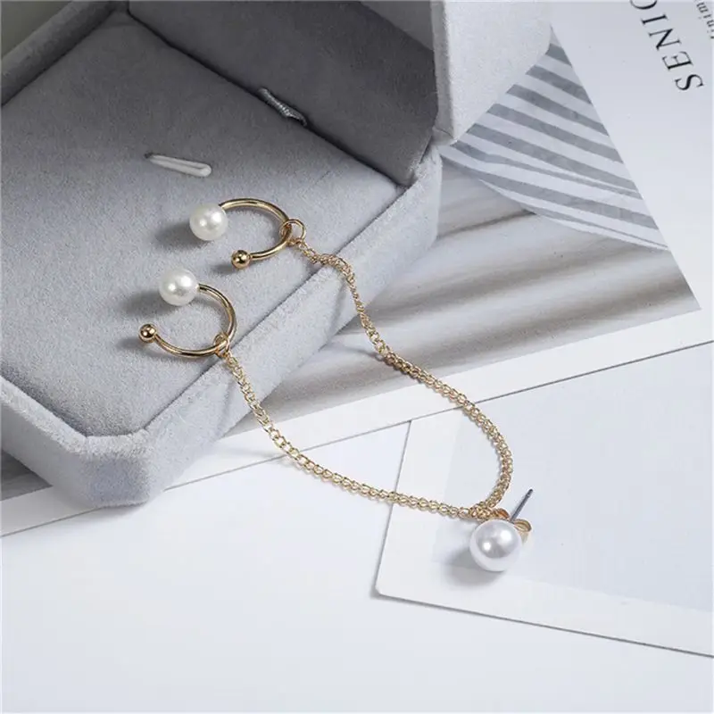 1Pc Faux Pearl Double Chain Earring Clip Long Tassel Ear Cuff Women Jewelry | Украшения и аксессуары