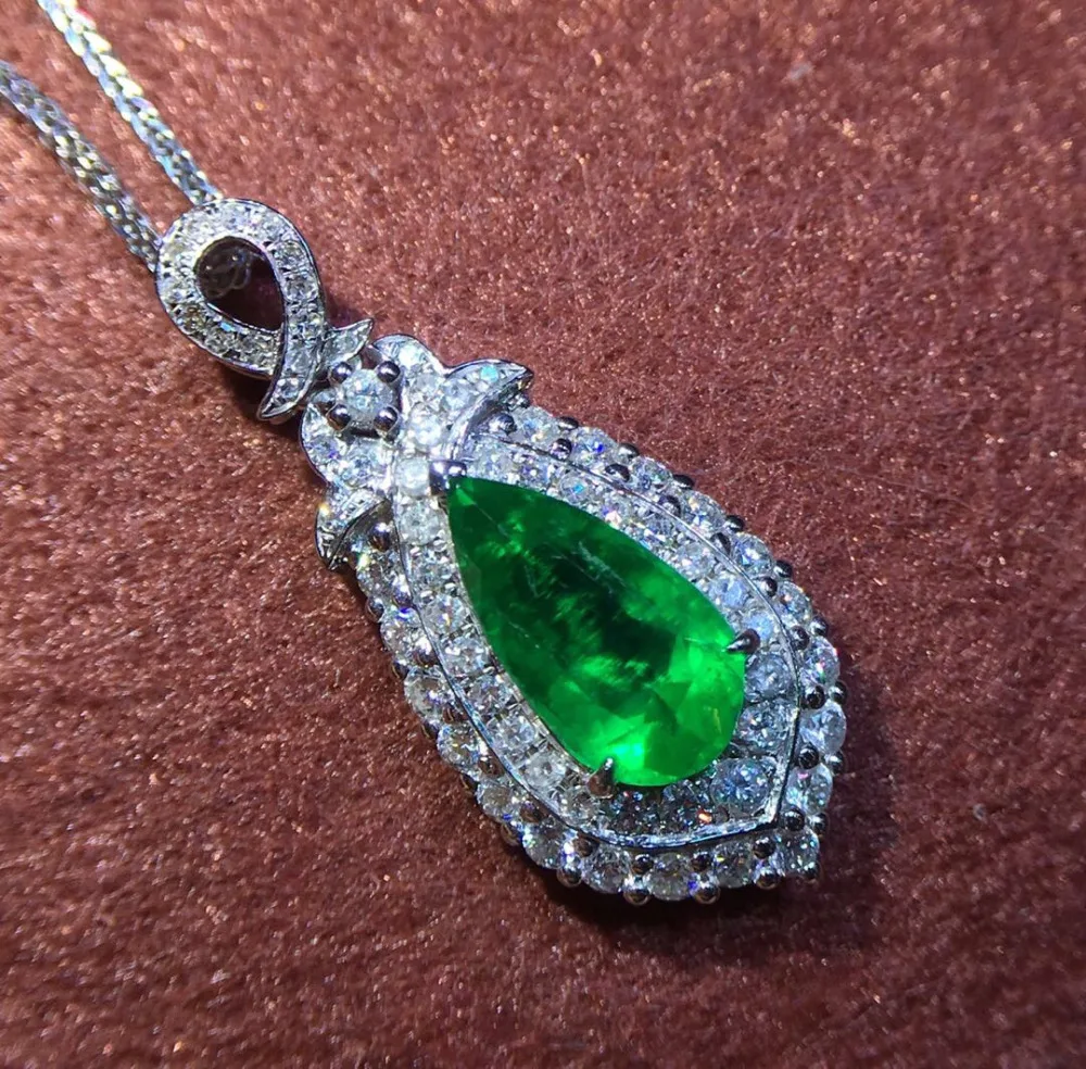 GRS Colombia Origin Fine Jewelry Real 18 K White Gold Natural 1.53ct Emerald Gemstones Female Pendants for Women Necklace | Украшения и