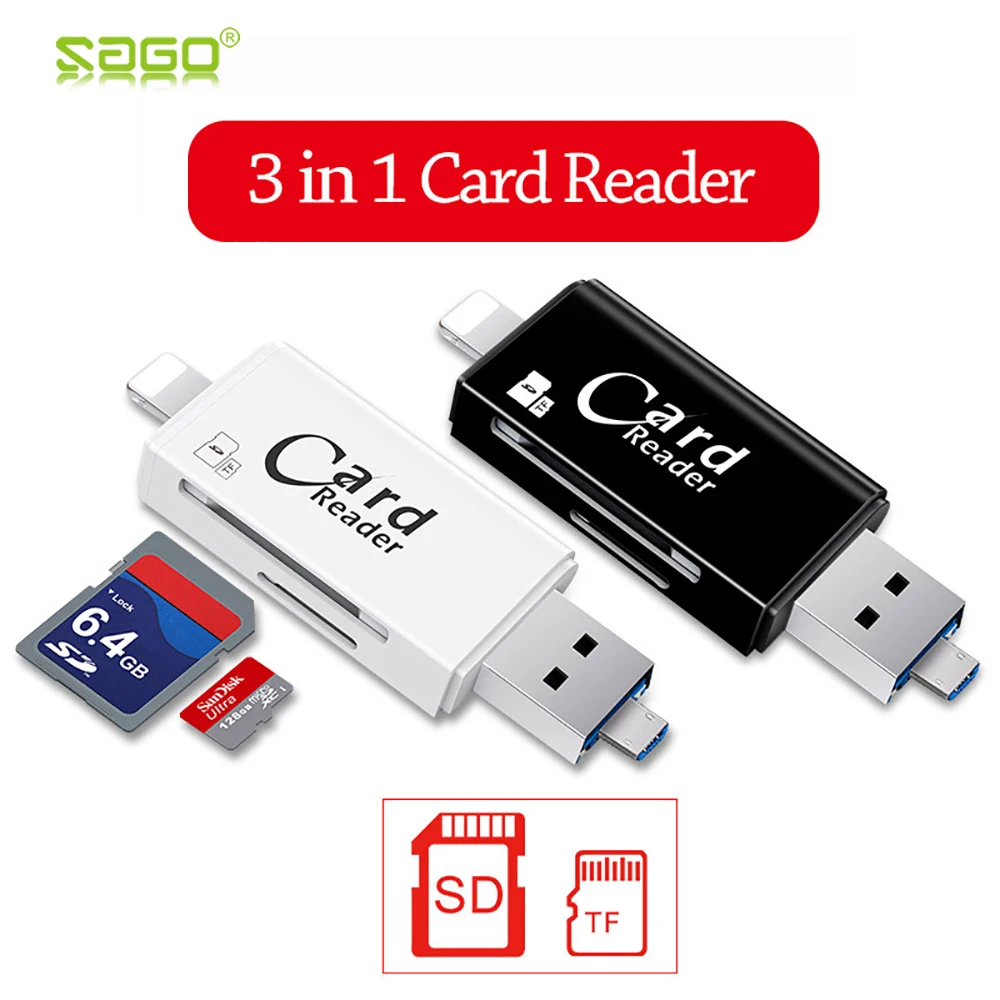 OTG кардридер Sago 3 в 1 высокоскоростной считыватель смарт карт USB2.0 /USB3.0 устройство