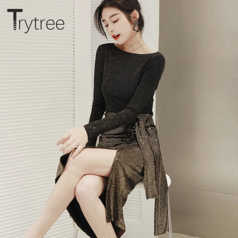 Trytree/Летняя Повседневная блестящая женская юбка с пайетками и разрезом на подоле