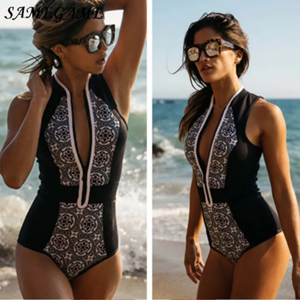 Женский купальный костюм SAMEGAME Черный винтажный в полоску на молнии лето 2019 |