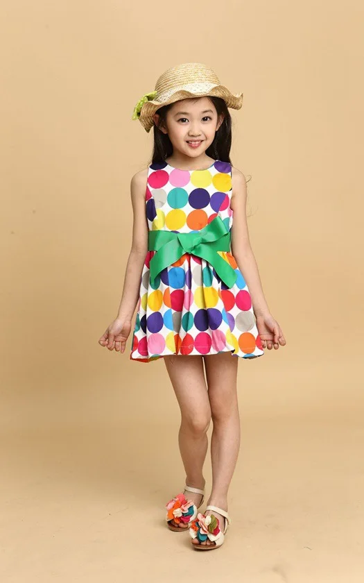 2016 summer girls dress toddler vest 3 4 5 6 7 8 9 10 years old kids rainbow dot Bow Princess Dress | Детская одежда и обувь