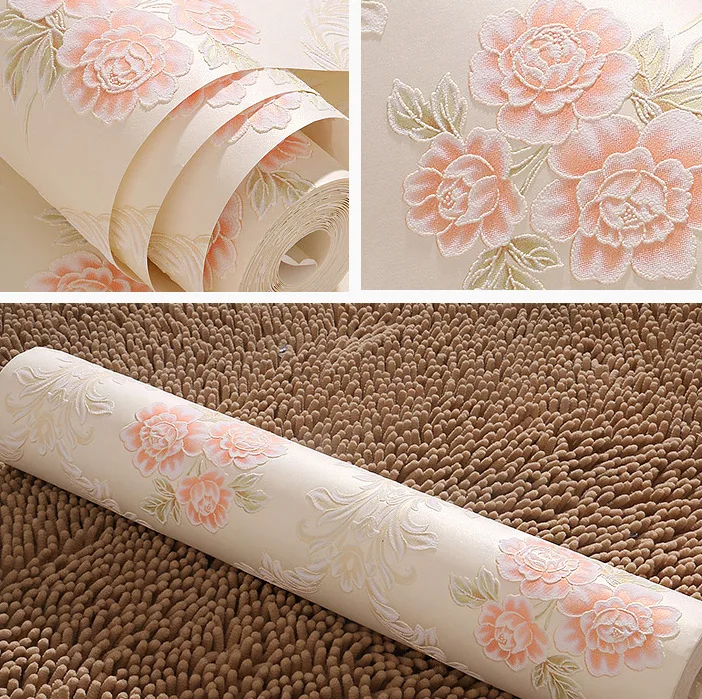 

3d pink roses flowers wallpaper non-woven delicate embossed wedding room bedroom hotel project wallpaper high-grade home decor