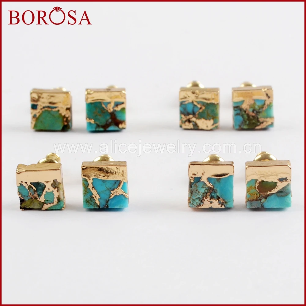 BOROSA 5/10Pairs Gold Color 7mm Square Copper Natural Turquoises Stud Earrings Blue Stone Druzy Jewelry G1648 | Украшения и
