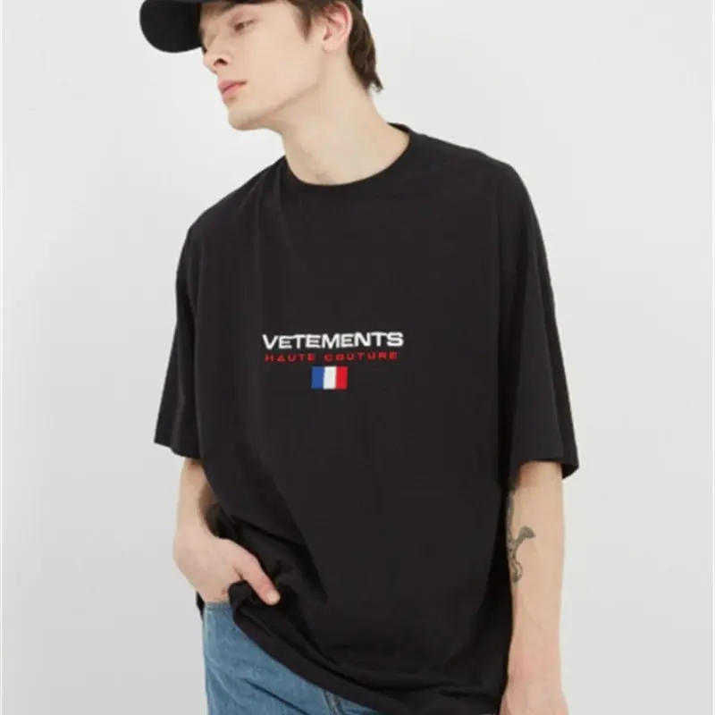 Мужская футболка Vetements с вышивкой и флагом Франции 1:1 высокое качество коротким