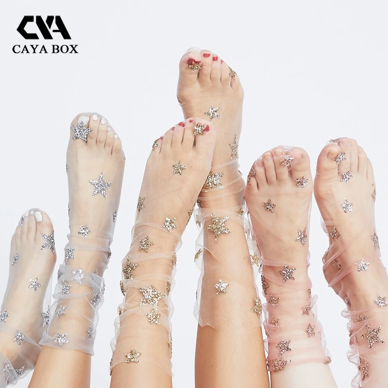 CAYA BOX 2018 женские носки 2017 блестящие сетчатые со звездами кружевные с вышивкой из