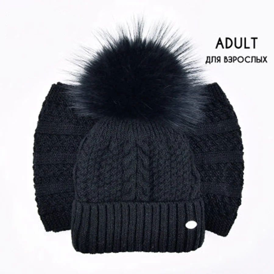 Winter Hat Scarf Set for Girls Raccoon Fur Pompoms Womens Beanies Fashion Knitted Ski Caps Ring Velvet Skullies Children |