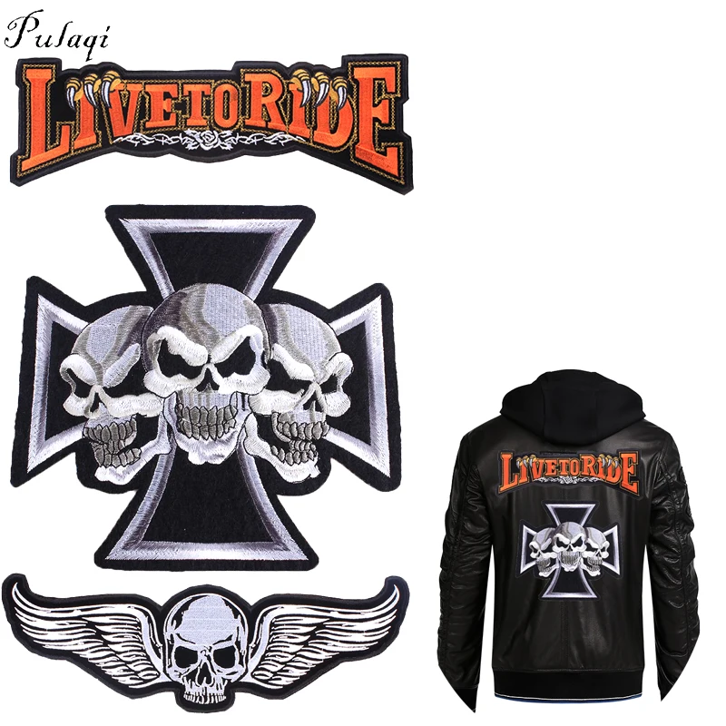 

Pulaqi Stripe Rock Locomotive Embroidered Iron On Patches Big Motorcycle Skull Badges Punk Patches For Backpacks Accessories F