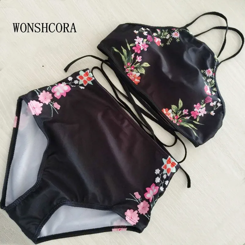 Темно синий сексуальный купальник 2017 с высокой талией бразильский цветочный