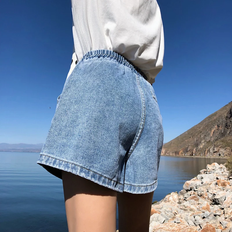 Streetwear Summer Women Denim Shorts 2022 New Arrival High Elastic Waist Wide Leg Shorts Jeans Black Blue White Pink Short Femme