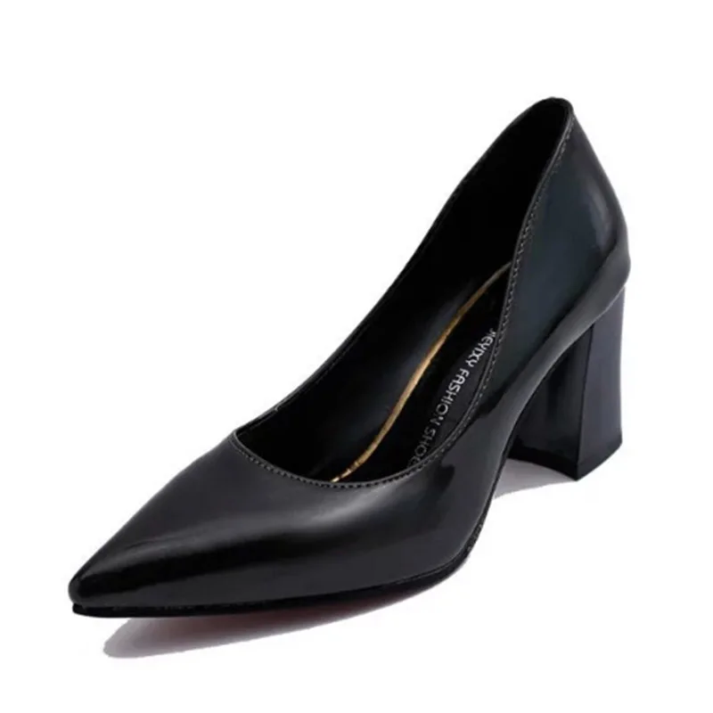 2018 Summer Hot Sale Work Women Shallow Mouth Patent Leather Single High Heels Shoes Pointed Toe Thick Square Size 34-39 | Обувь