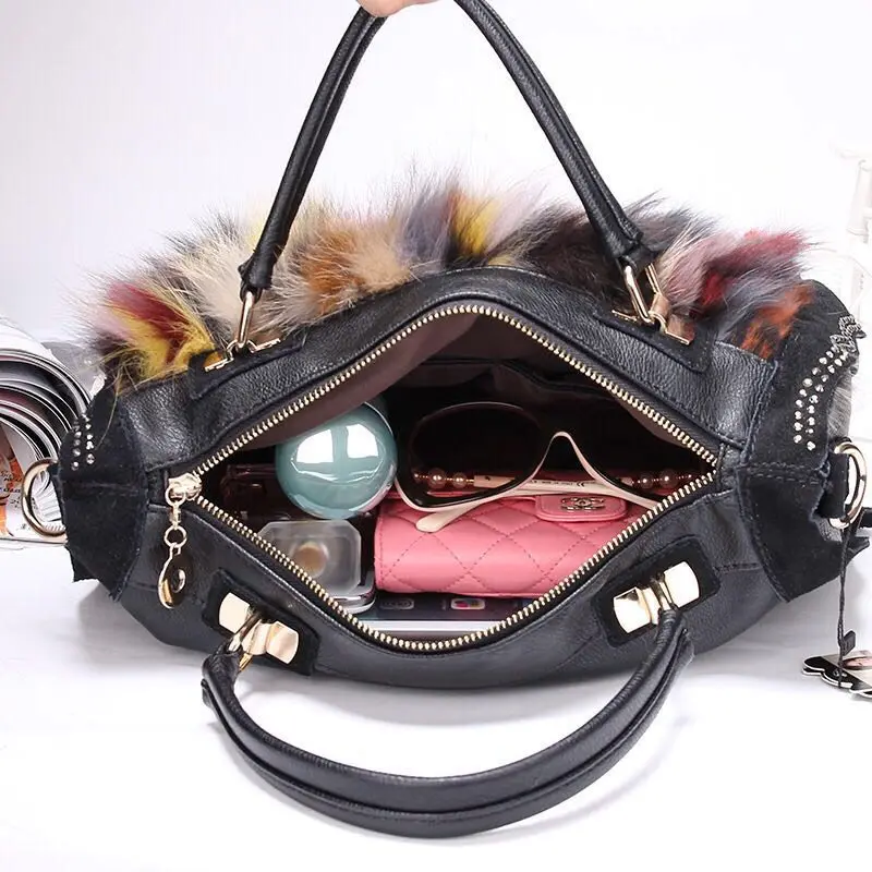 Женская сумка мессенджер из мягкой натуральной кожи с мехом|bag casual woman|designer shoulder