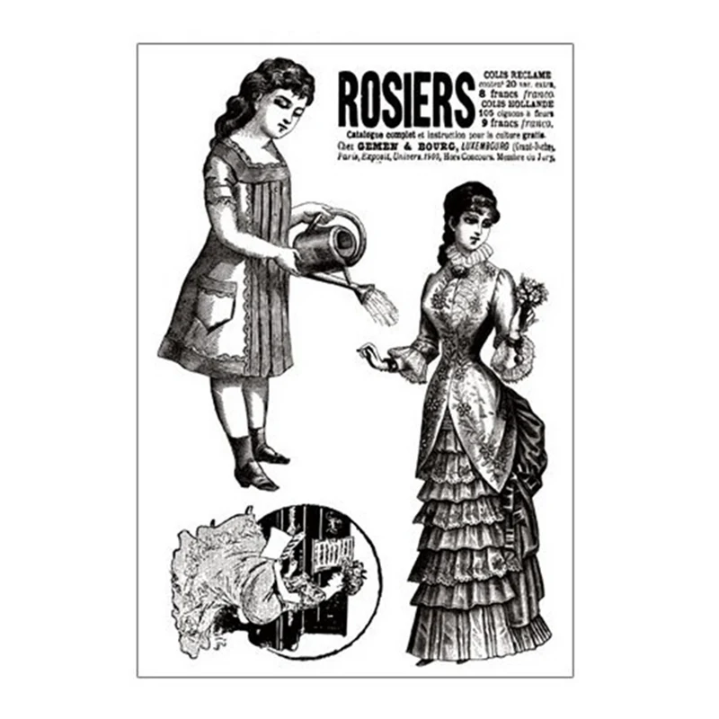 

Vintage Ladies Watering Flowers Transparent Clear Stamps Silicone Seal for DIY Scrapbooking Card Making Album Decoration Crafts