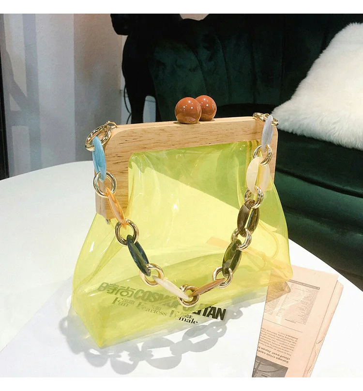 Wood Clip PVC Clear Jelly Handbag Woman New Designer Korean Acrylic Chain Transparent Jelly Shoulder Bag Clutch Female