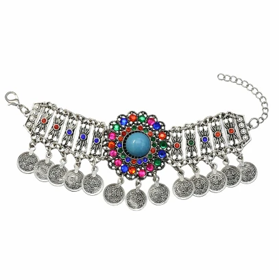Bracelet Цыганские Красочные Стразы, Цветочные браслеты и браслеты, голубой камень, монета, танец, браслет на руку, индийский, турецкий, племенной, летние ювелирные изделия - Окраска металла: Bracelet