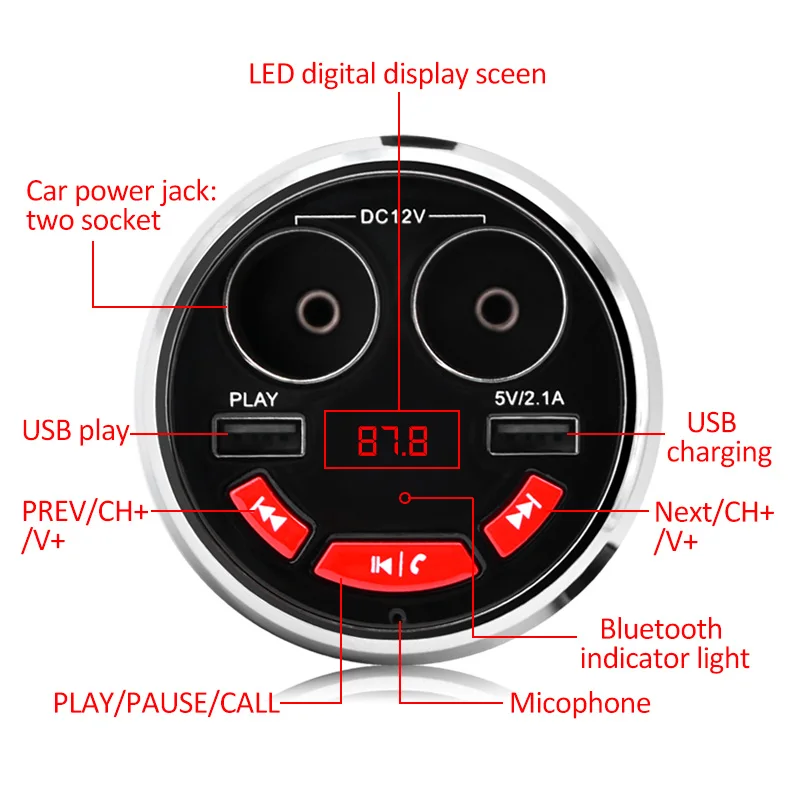 Автомобильное зарядное устройство, тип чашки, Bluetooth, fm-передатчик, автомобильный комплект с двойным прикуривателем, двойной USB зарядное устройство, автомобильный музыкальный mp3-плеер