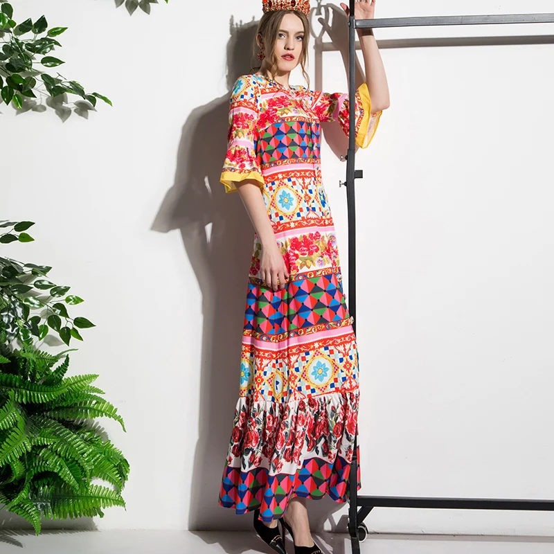 Европейские новые модные платья высокого качества с принтом розы винтажное