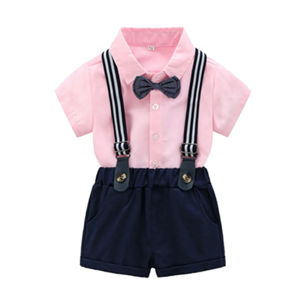 Toddler Baby Boys Gentleman Mandarin Collar Bow Tie T-Shirt Tops+Suspender Shorts Overalls Clothes Outfits Clothing | Детская одежда и
