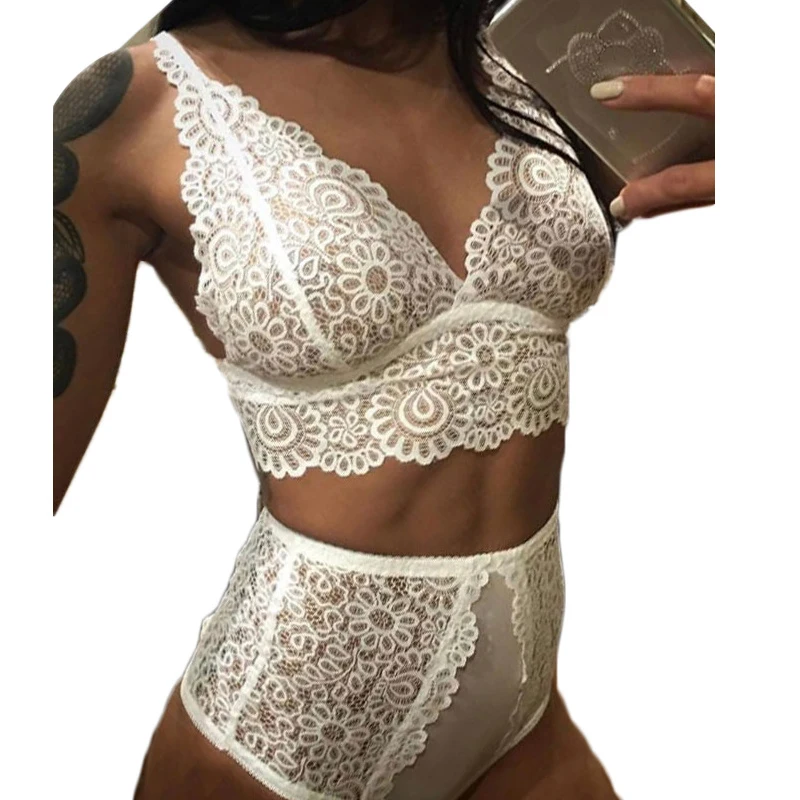 Women lace crochet sexy plus size bra and panty set floral bralette lingerie 2pcs white black hot bustier J80504 | Тематическая