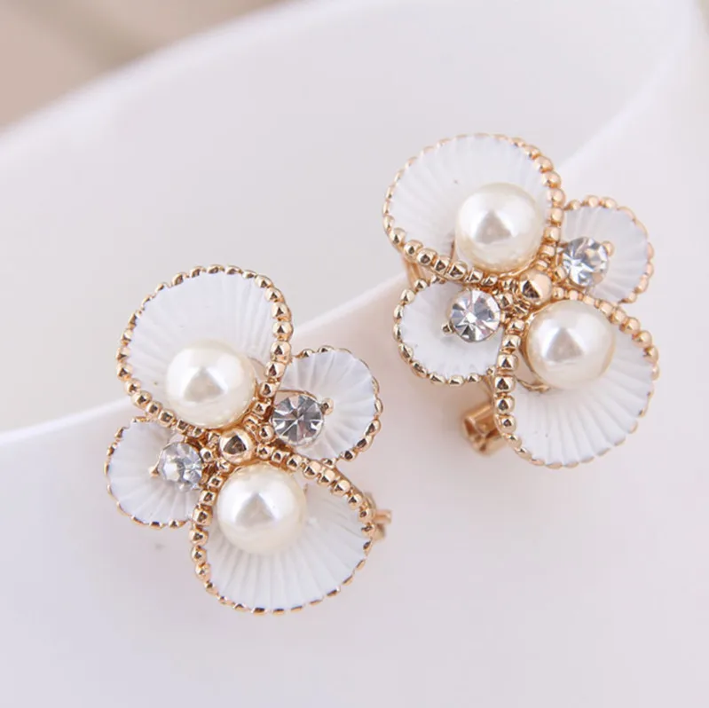 2019 New Trend Hot Sale Jewelry Korea Fashion Pearl Crystal Four Leaves Rose Stud Earrings Zircon | Украшения и аксессуары