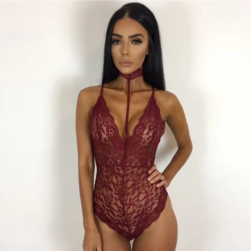 

Women Sexy Lingerie Lace Teddies Deep V Neck Halter Women Bodysuits Sexy Teddy Sleepwear Erotic Lingerie Lace Romper Jumpsuit