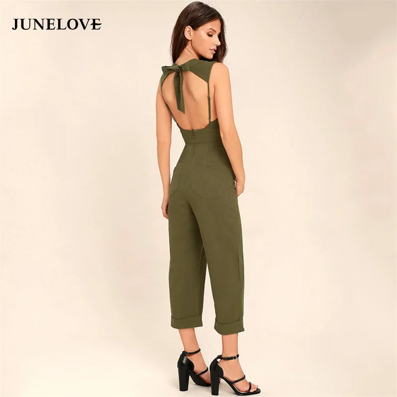 Junelove 2018 г. летние женские пикантные ArmyGreen спинки Лук связали комбинезоны Прямо