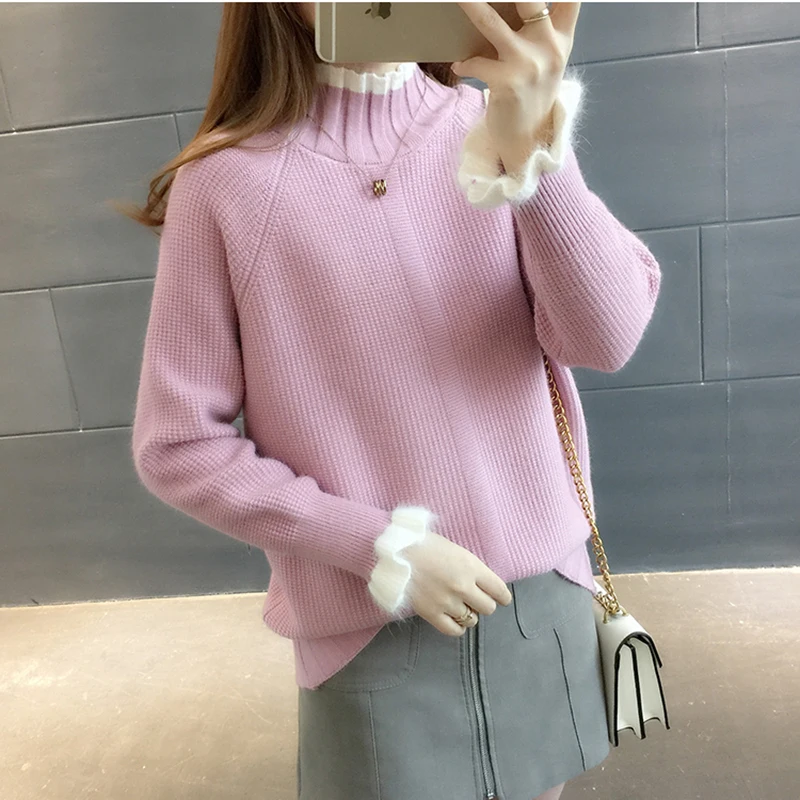 Women Sweaters Pullovers 2019 Autumn Winter Ruffles Sleeve Turtleneck Tops Knitwear Pull Femme Casual Woman Sweater Pullover | Женская