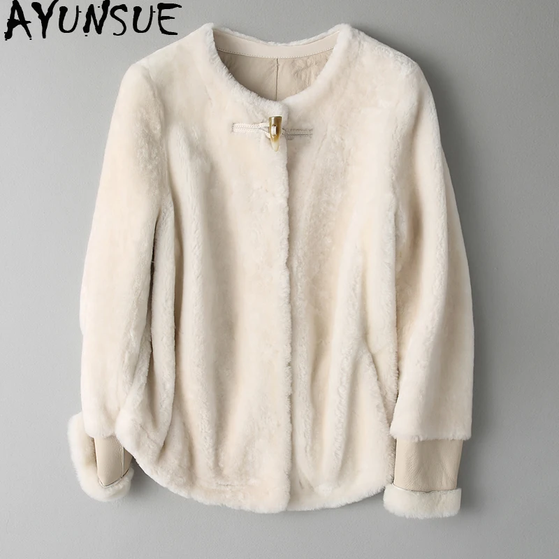 AYUNSUE пальто с натуральным мехом женские короткие из овечьей шерсти мериноса