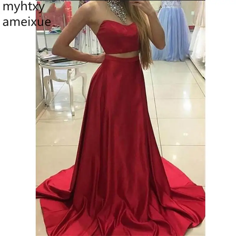 Красное сексуальное Атласное Вечернее платье 2020 размера плюс милое из двух