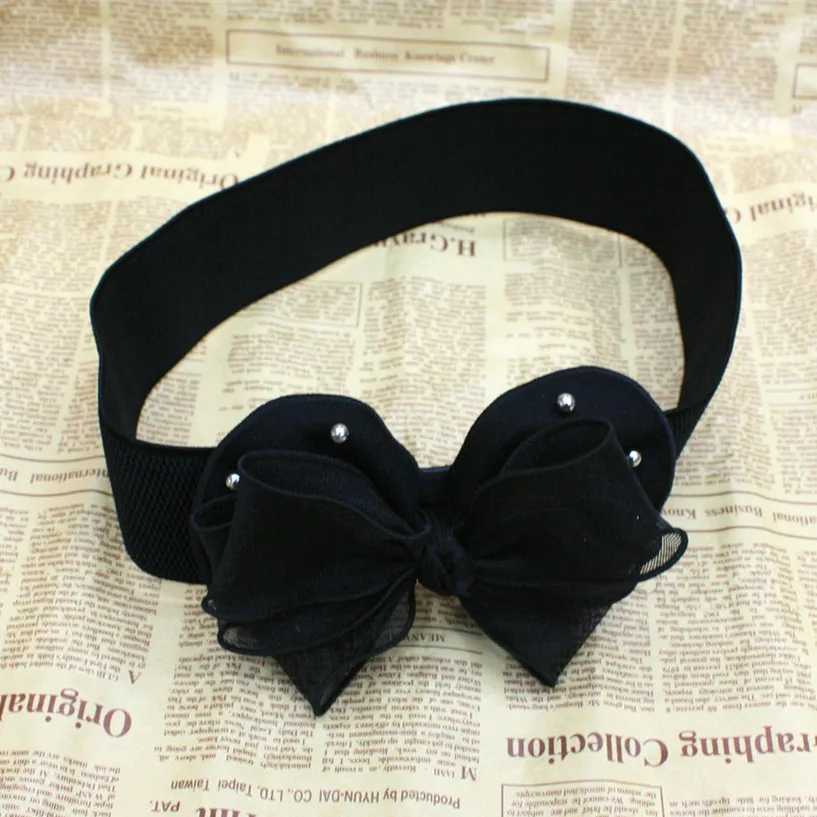 2015 Korean flavor style New Women Girls Gauze Folded Paved Bowknot Elastic Bow Wide Stretch Buckle Waistband Waist Belt | Аксессуары