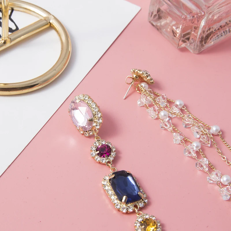 Элегантные Асимметричные блестящие Висячие серьги Стразы Длинная цепочка