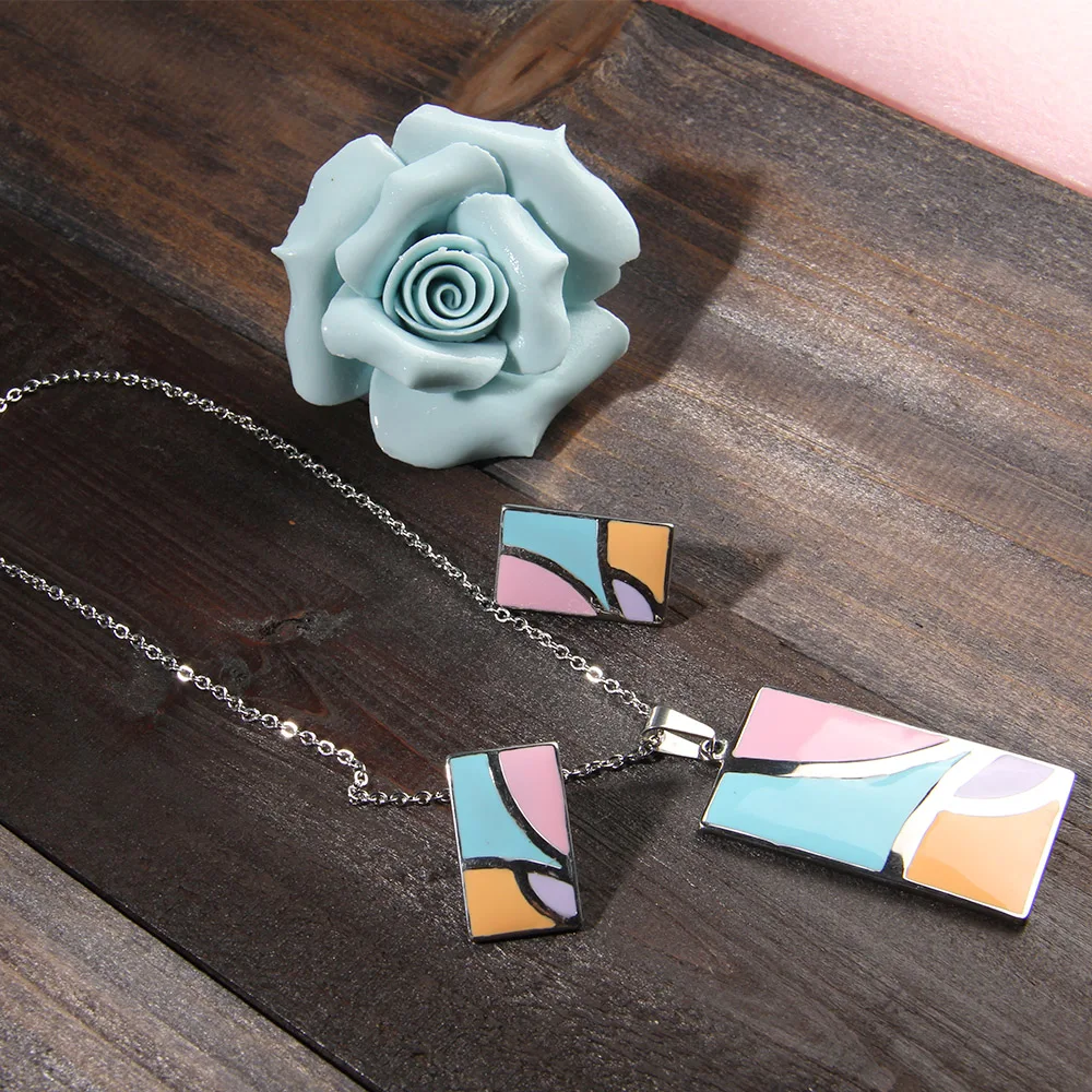 Titanium stainless steel Jewelry Sets Accessories Jewellery rectangle Earrings chain necklace set For Women | Украшения и