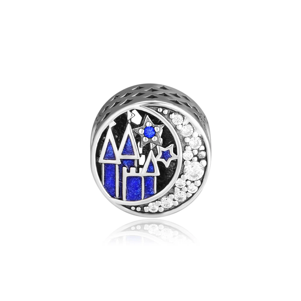 CKK 925 Sterling Silver Vintage Night Sky Castle &amp Moon Charm Fits Pandora Bracelet Necklace Women joyeria Midnight Blue Enamel |