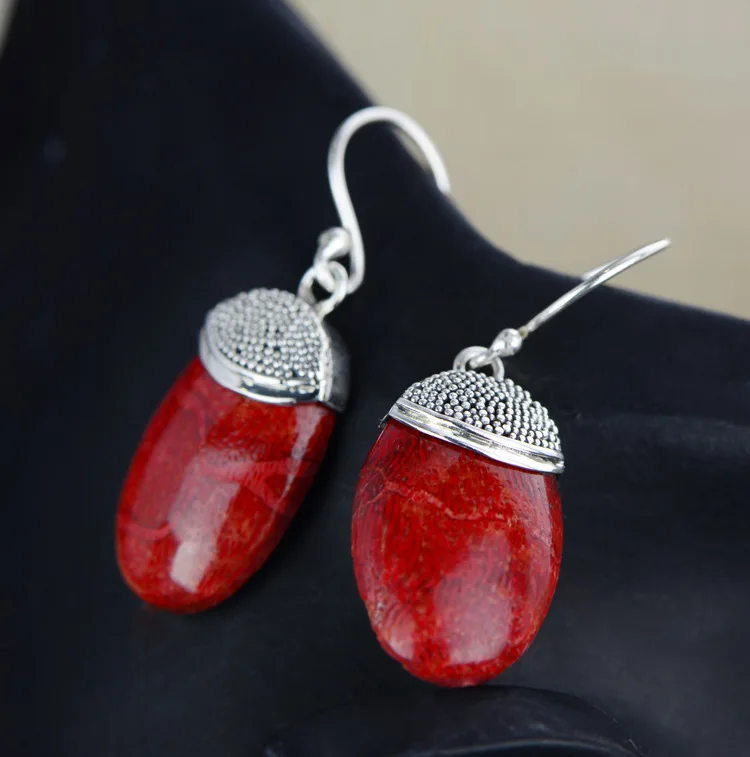 

2018 Promotion Sale Earings Fashion Jewelry Chinese Character S925 Hand-made Mosaic Carved Coral Earrings Pendant Accessories