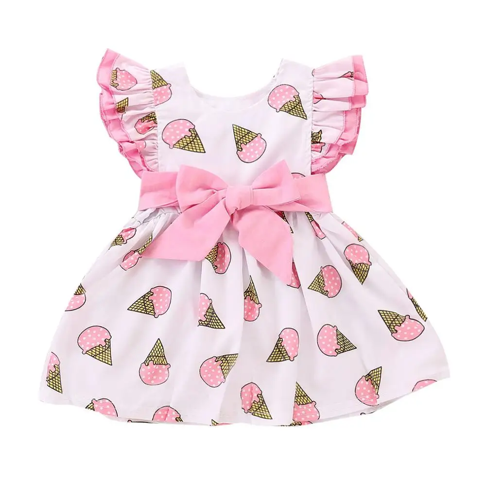 Toddler Baby Girls Sweet Cartoon Ice Cream Lace Dress Flare Short Sleeve Bow Summer Cute Sundress Clothes | Детская одежда и обувь