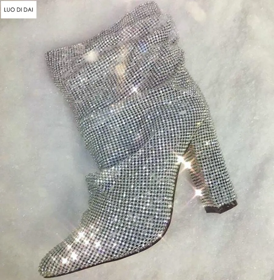 Новинка 2019 женские ботильоны с острым носком ботинки гвоздики со стразами без