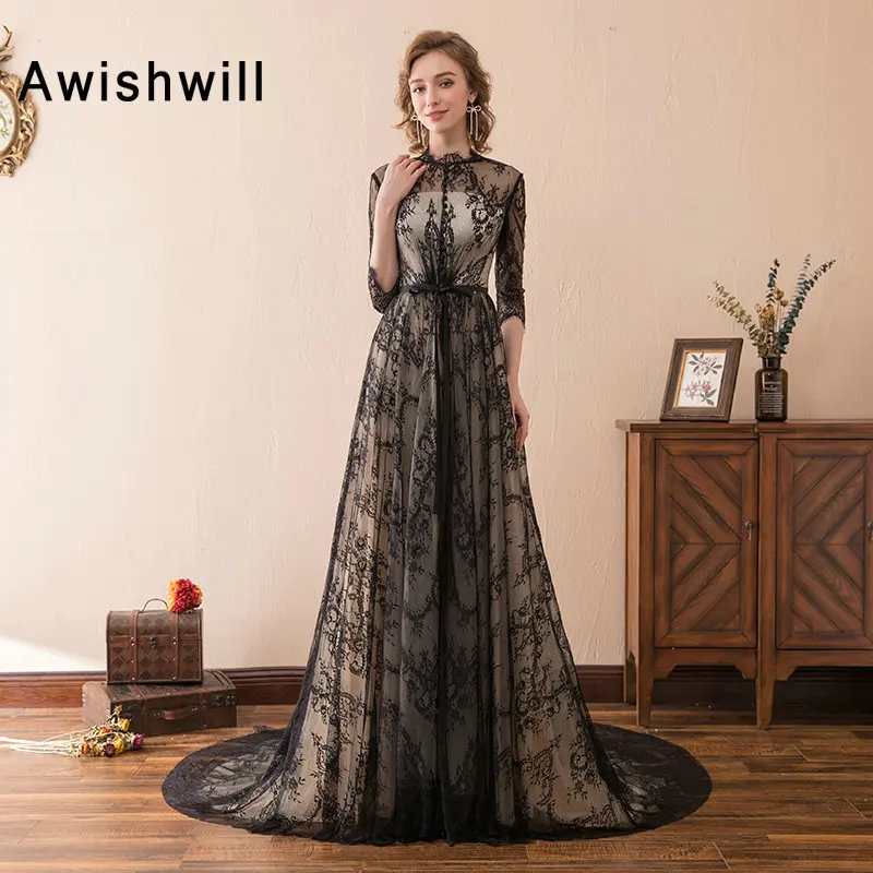 

Robe de Bal Longue Modest Formal Gown Prom Dress With 3/4 Sleeves A-line Court Train Lace Evening Dresses Long Vintage