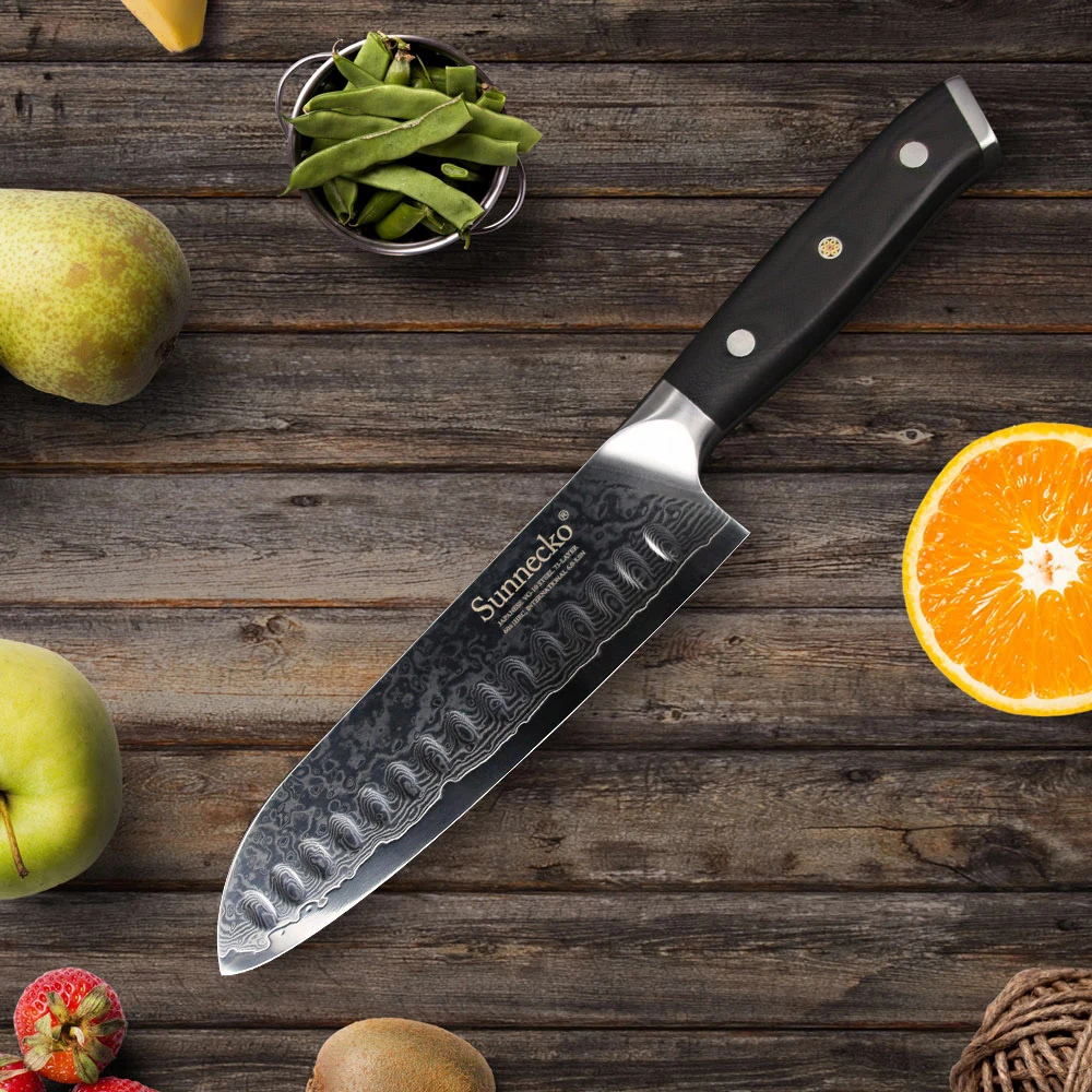 SUNNECKO 2PCS Damascus Kitchen Knives Set 7'' Santoku 5'' Utility Knife Japaness VG10 Core Steel G10 Handle Meat Cooking Tools |